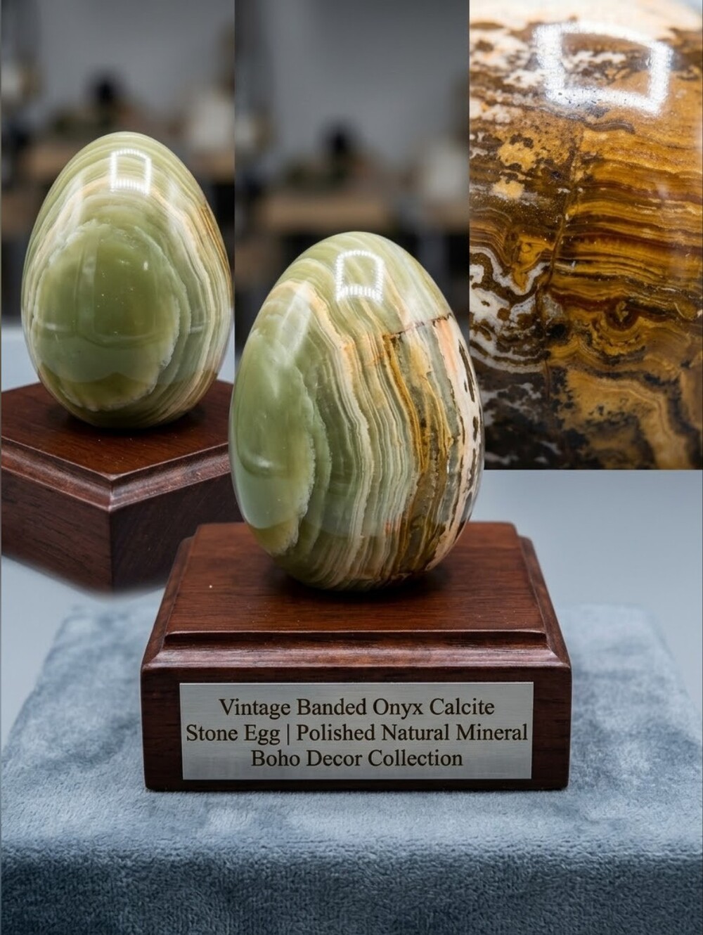 Vintage Banded Onyx Calcite Stone Egg Polished Natural Mineral Boho Decor